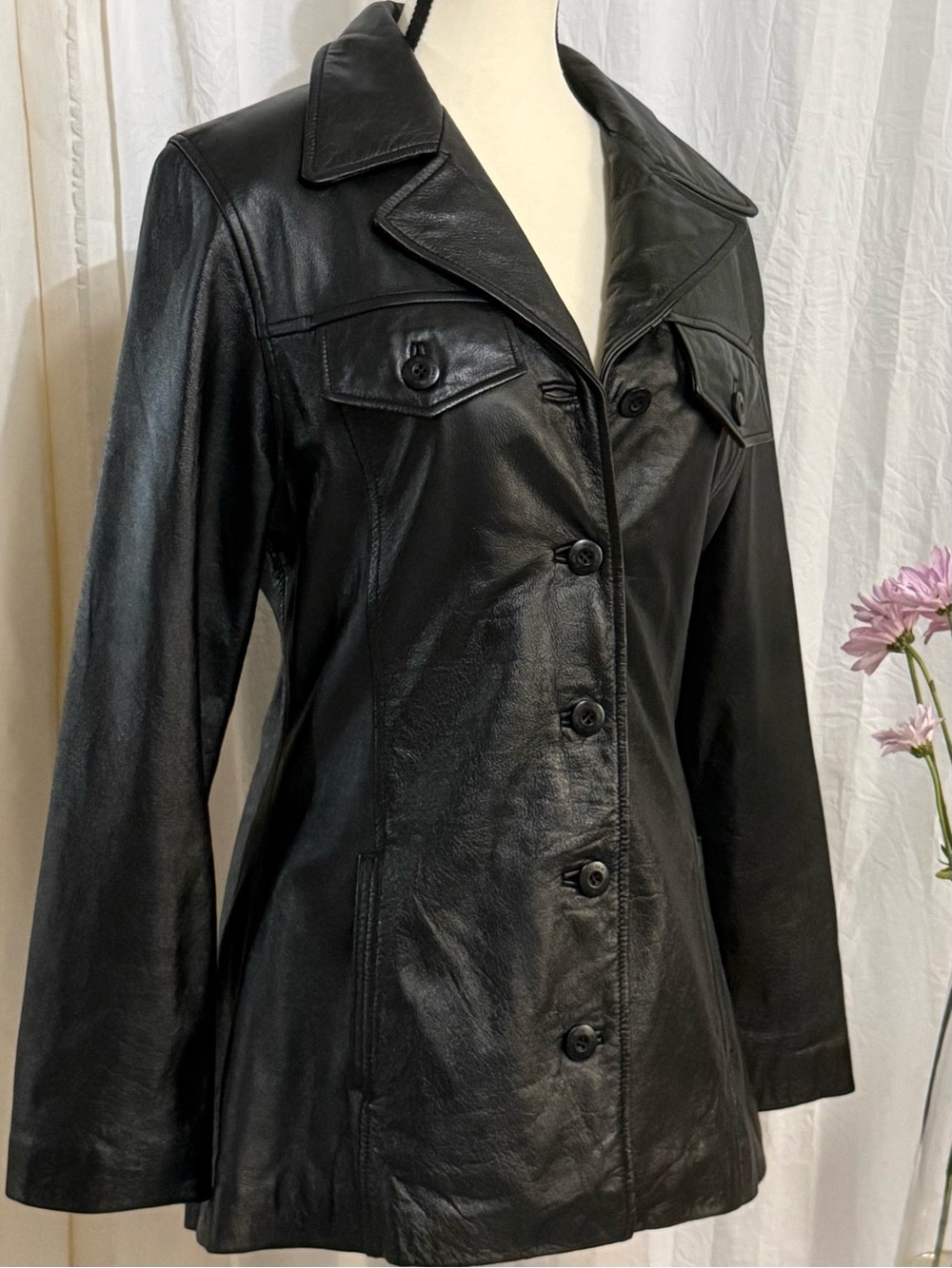 VTG 90s Wilsons Leather Maxima Jacket Medium Black Button Front Y2K Matrix EUC